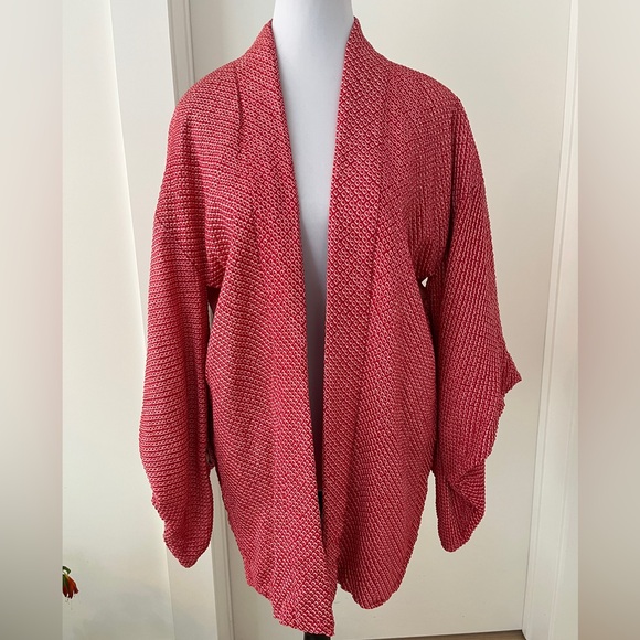 HAORI Kimono Sleeve Japanese Jacket Red Textured Fabric Jacquard Floral Lining - Picture 4 of 16